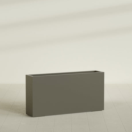 Milano Narrow Rectangular Planter in Matte Bronze, 48"L × 10"D × 24"H, shown empty