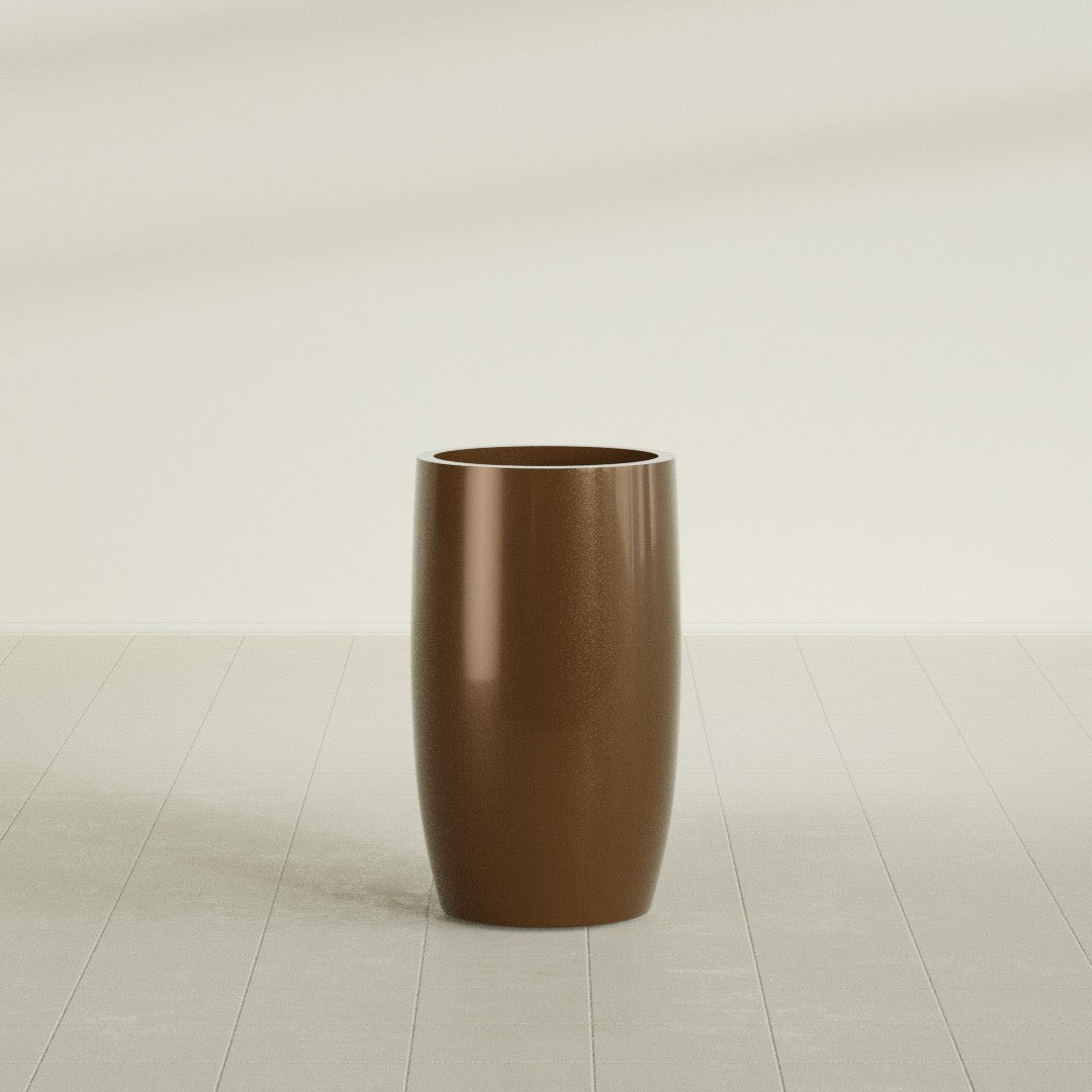 Lisbon tall round tapered fiberglass planter in Metallic Bronze, 18 in diameter, 32 in high, shown empty