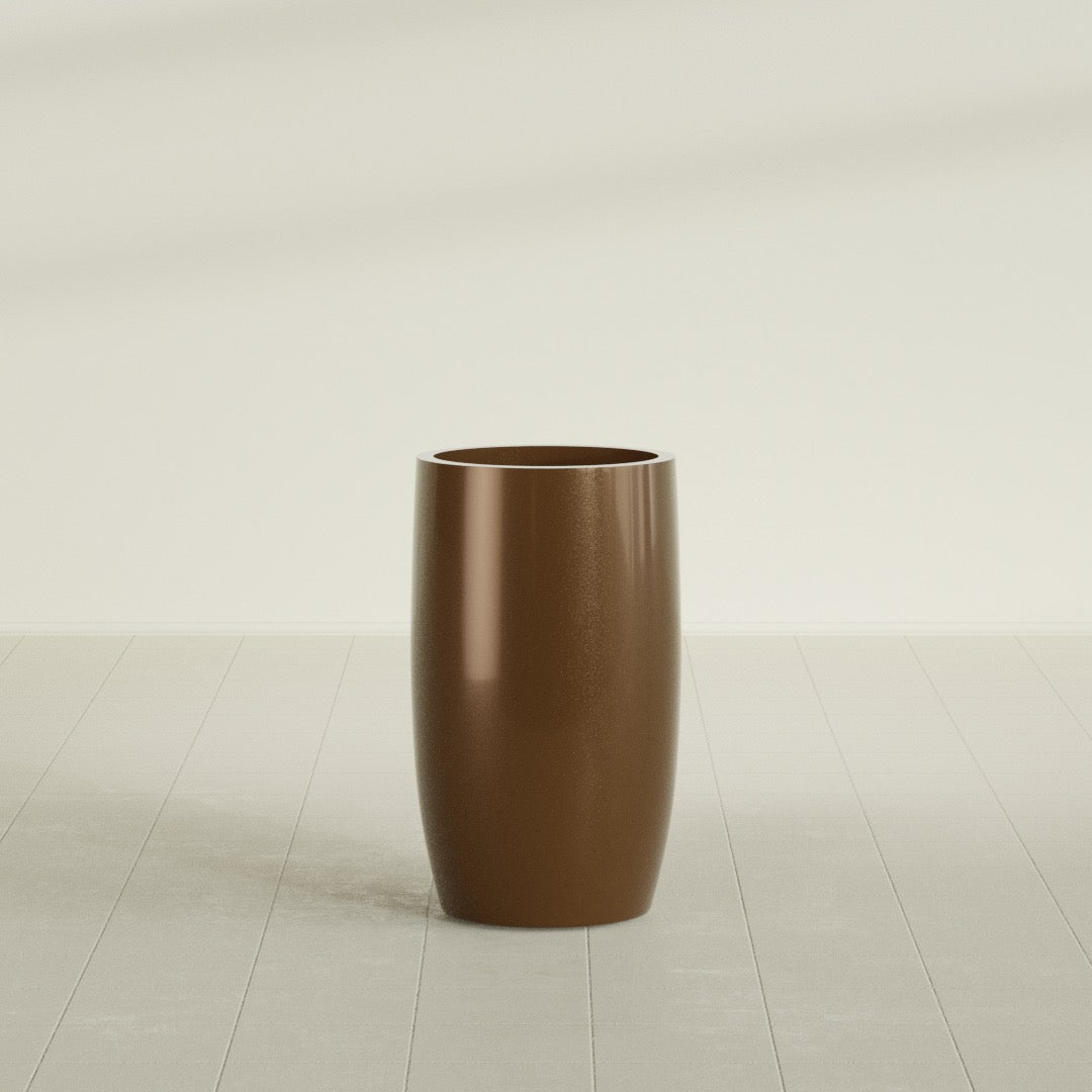 Lisbon tall round tapered fiberglass planter in Metallic Bronze, 18 in diameter, 32 in high, shown empty