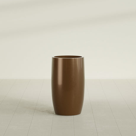 Lisbon tall round tapered fiberglass planter in Metallic Bronze, 18 in diameter, 32 in high, shown empty