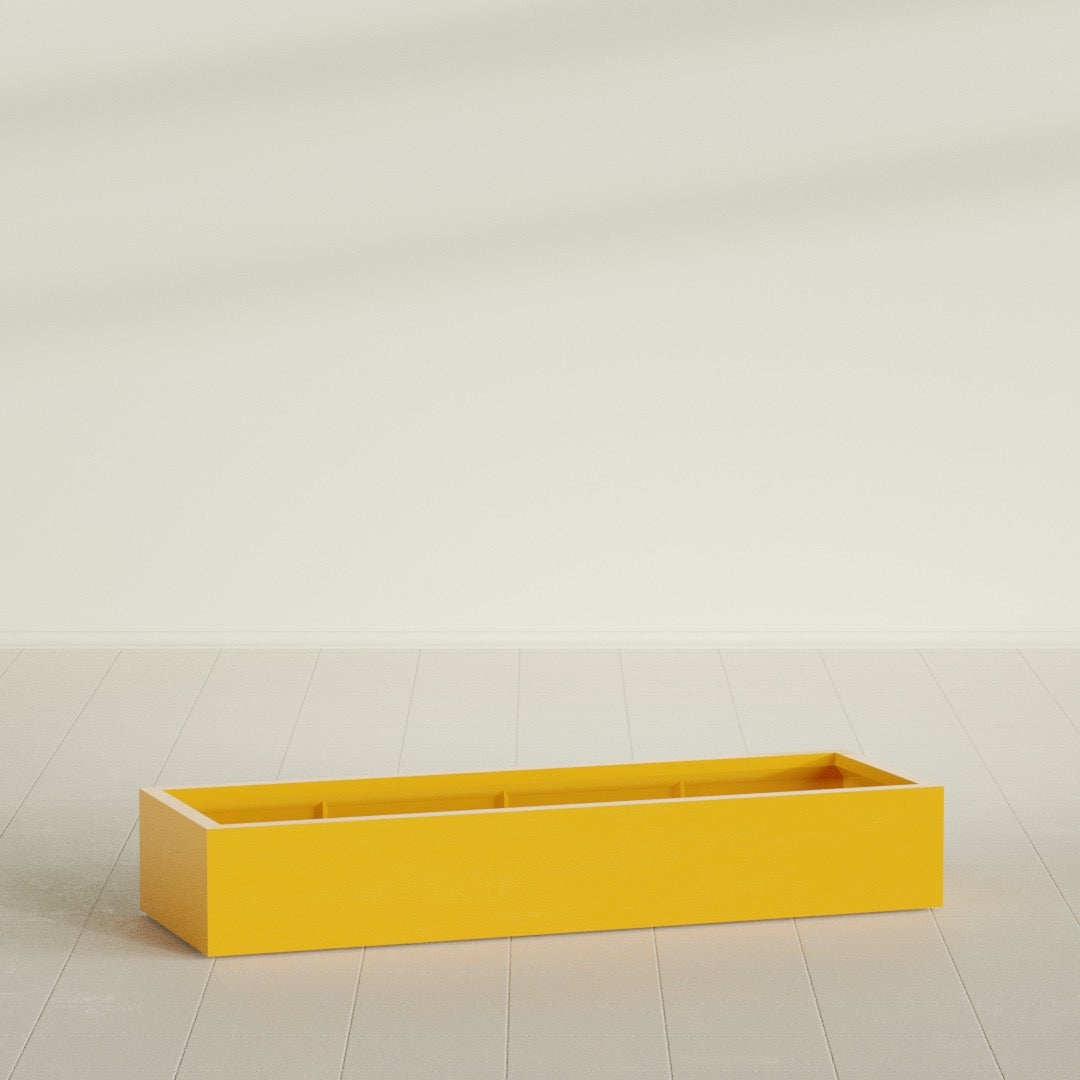 Antwerp Rectangular Planter in Gloss Saffron, 72"L × 24"D × 12"H, shown empty