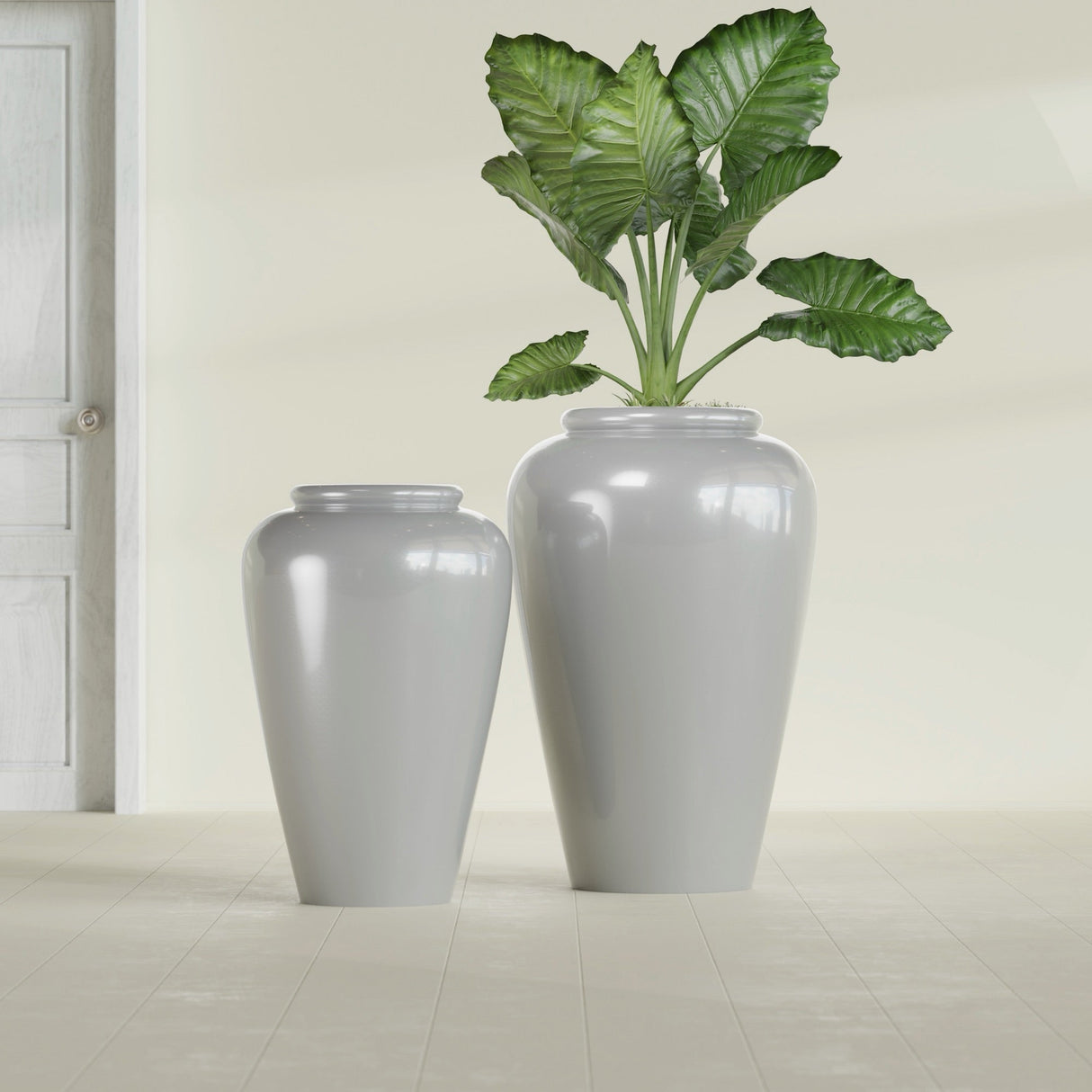 Barà Jar fiberglass planter in Metallic Silver, size range, in a sunlit interior