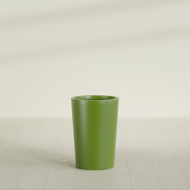 Tegel Round Tapered Planter in Satin Green, 18"D × 26"H, shown empty