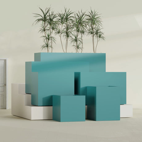Brisbane Rectangular fiberglass planter in Satin Seafoam Green, size range, in a sunlit interior