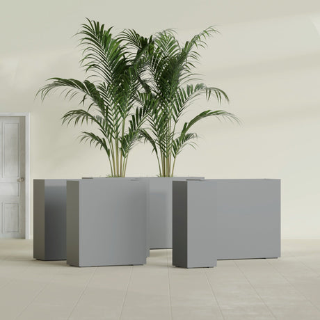 Perth Rectangular fiberglass planter in Matte Gunmetal, size range, in a sunlit interior