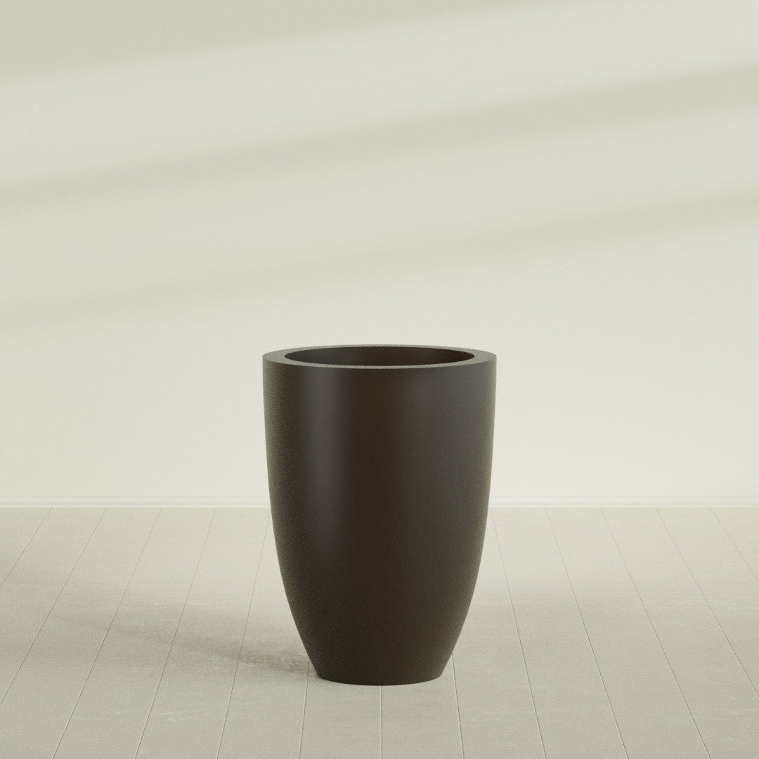 Brannan Tapered Round Planter in Matte Dark Brown, 30"D × 41"H, shown empty