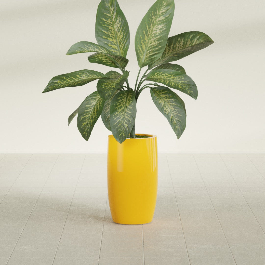 Lisbon Tall Round fiberglass planter in Gloss Saffron, shown planted, in a sunlit interior