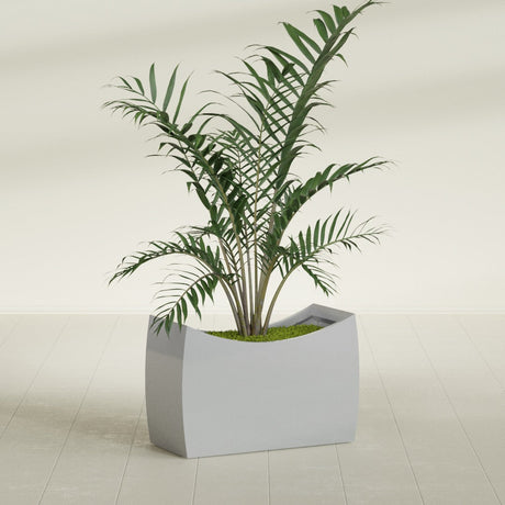 Seoul Curved fiberglass planter in Metallic Silver, shown planted, in a sunlit interior