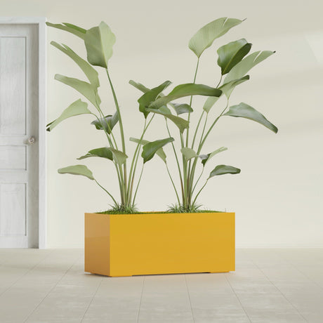 Badalona Rectangular fiberglass planter in Gloss Saffron, shown planted, in a sunlit interior