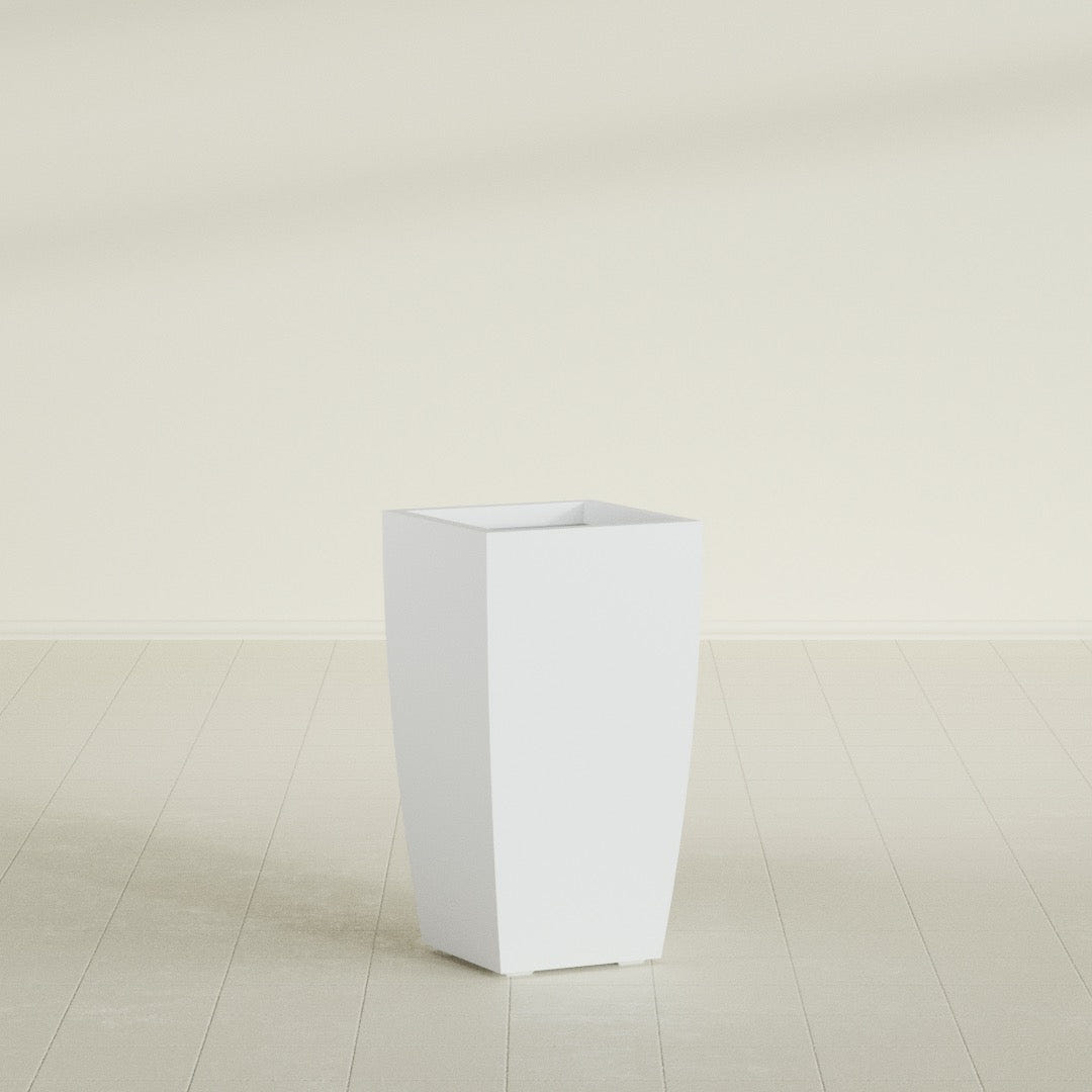 Toulan Tapered Square Planter in Gloss Bright White, 16"W × 30"H, shown empty