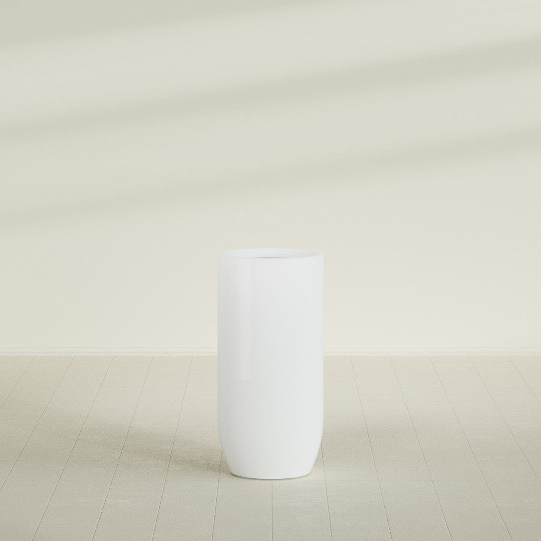 Saint Tropez Bullet Round Planter in Matte Bright White, 24"D × 50"H, shown empty
