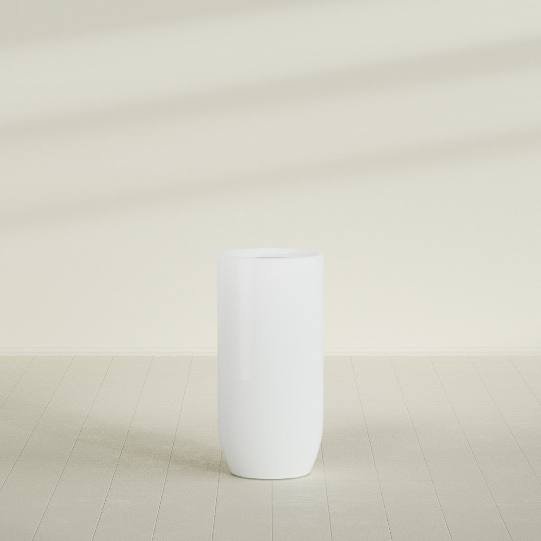Saint Tropez Bullet Round Planter in Matte Bright White, 24"D × 50"H, shown empty