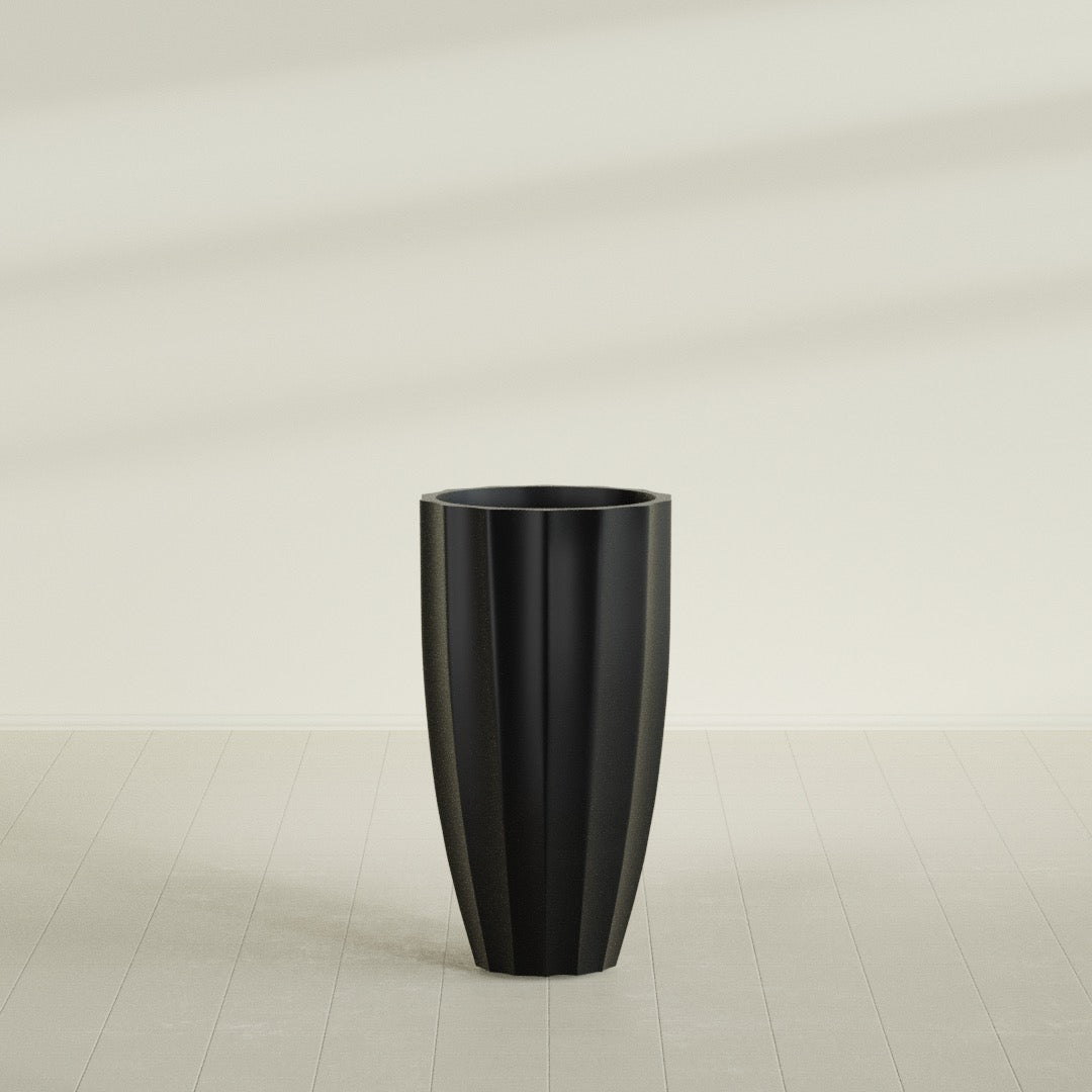 San Jose Tall Fluted Planter in Matte Black, 22"D × 40"H, shown empty