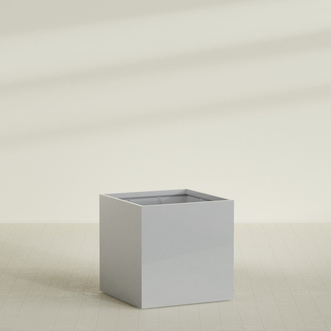 Montroy Cube Planter in Metallic Silver, 48", shown empty