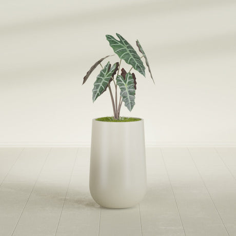 Hayden Urn fiberglass planter in Satin Beige, shown planted, in a sunlit interior