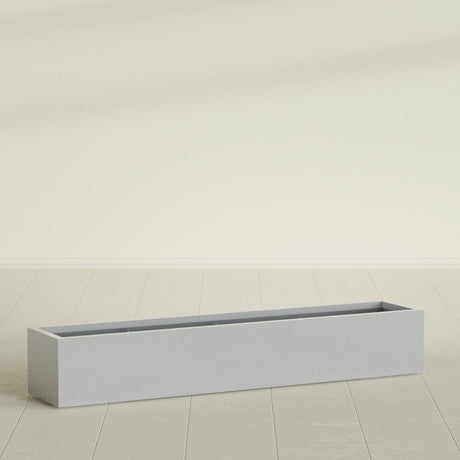 Cuba Low Rectangular Planter in Metallic Silver, 72"L × 14"D × 12"H, shown empty