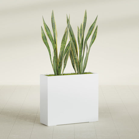 Perth Corner fiberglass planter in Gloss Bright White, shown planted, in a sunlit interior