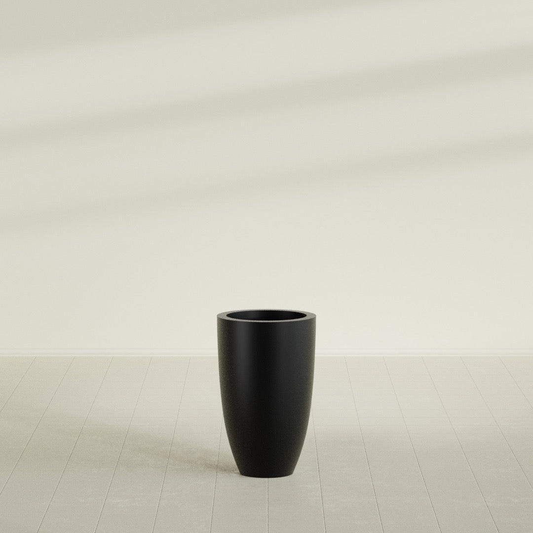 Brannan Tapered Round Planter in Matte Black, 18"D × 29"H, shown empty