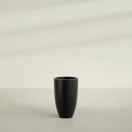 Brannan Tapered Round Planter in Matte Black, 18"D × 29"H, shown empty