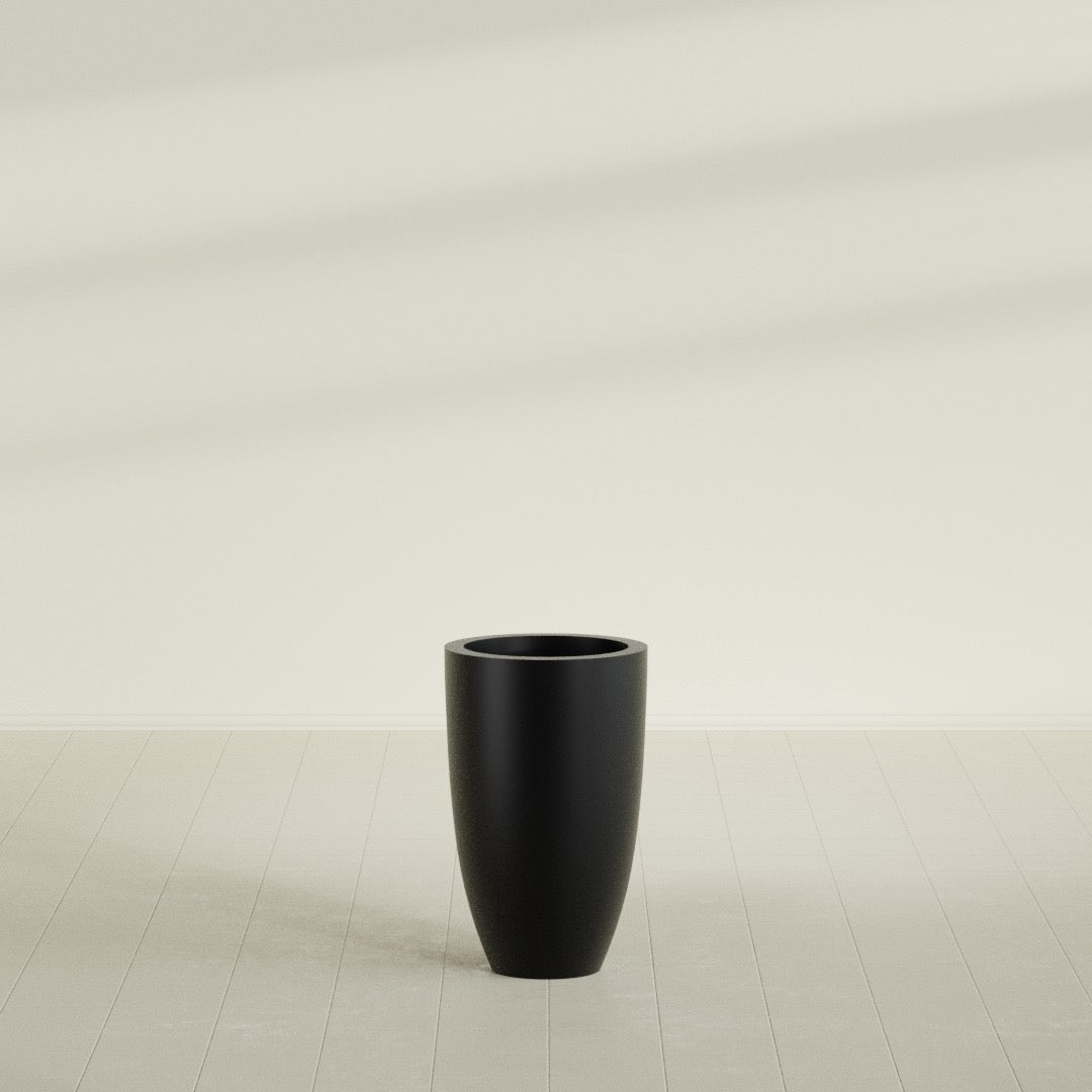 Brannan Tapered Round Planter in Matte Black, 18"D × 29"H, shown empty