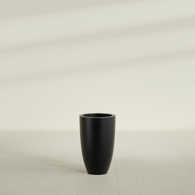Brannan Tapered Round Planter in Matte Black, 18"D × 29"H, shown empty