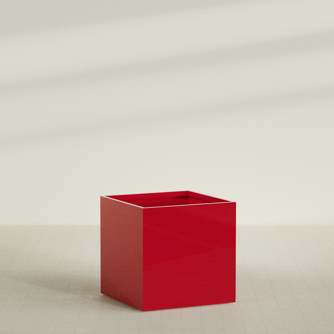 Montroy Cube Planter in Gloss Red, 48", shown empty