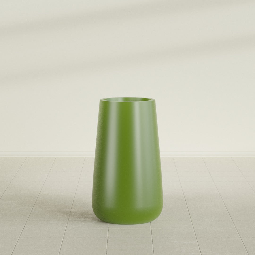 Saigon Tapered Round Planter in Satin Green, 19"D × 42"H, shown empty