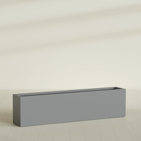 Miami Narrow Rectangular Planter in Matte Gunmetal, 72"L × 12"D × 18"H, shown empty