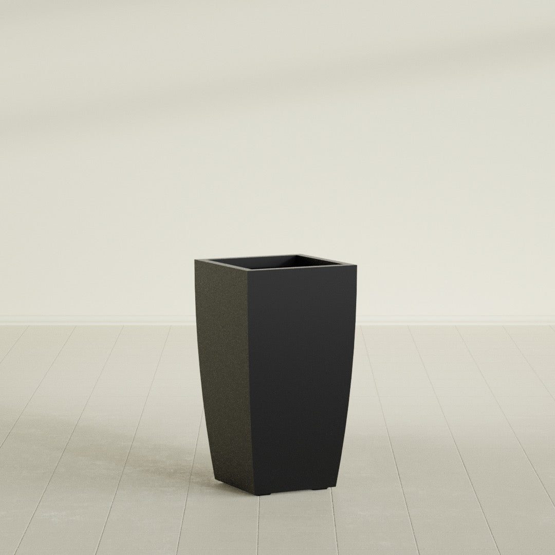 Toulan Tapered Square Planter in Matte Black, 16"W × 30"H, shown empty