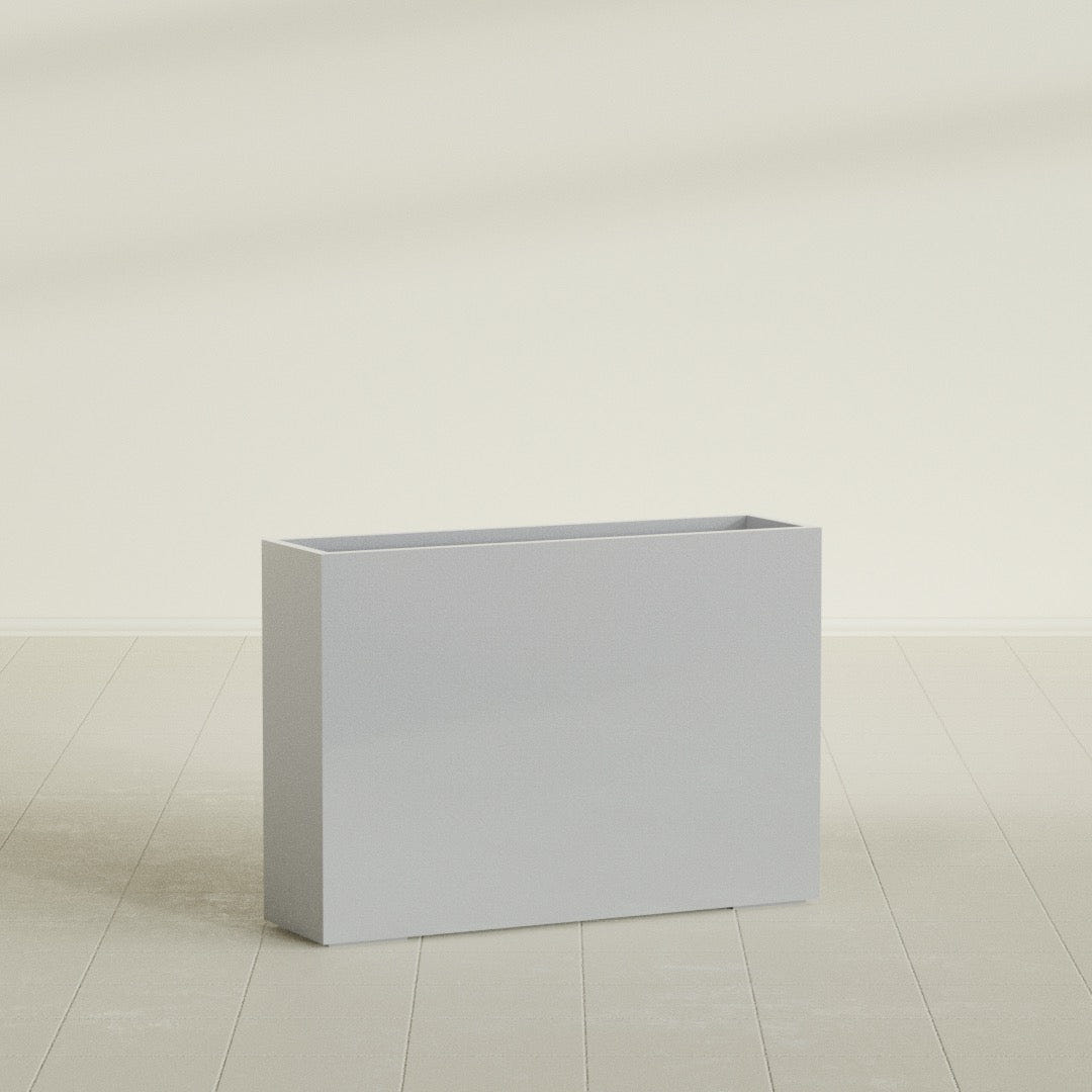 Perth Rectangular Planter in Metallic Silver, 60"L × 16"D × 42"H, shown empty