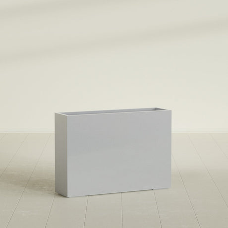 Perth Rectangular Planter in Metallic Silver, 60"L × 16"D × 42"H, shown empty