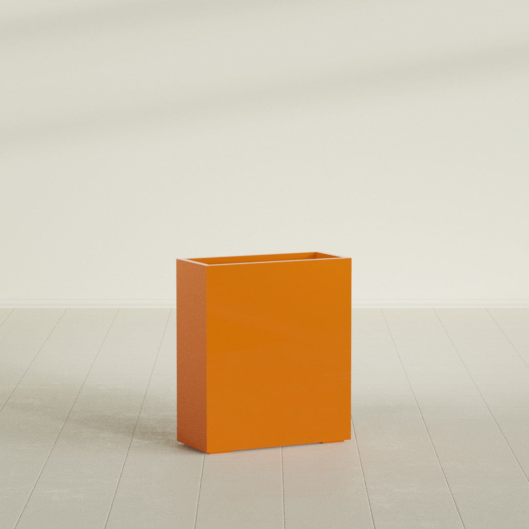 Perth Rectangular Planter in Gloss Tangerine, 36"L × 16"D × 42"H, shown empty