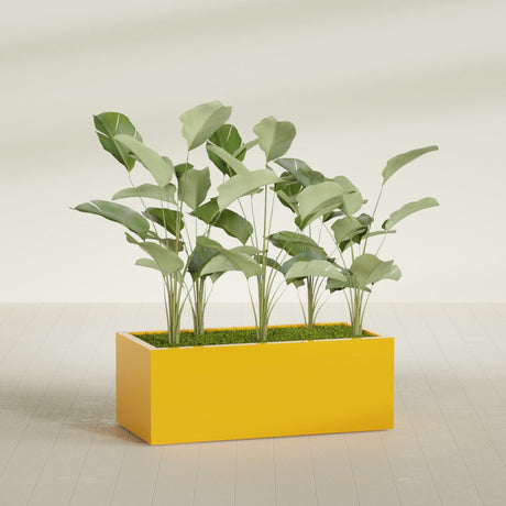Torino Wide Rectangular fiberglass planter in Gloss Saffron, shown planted, in a sunlit interior