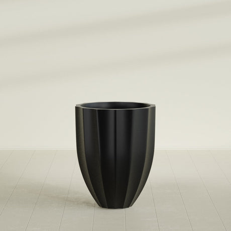 Alicante Fluted Planter in Matte Black, 26"D × 32"H, shown empty
