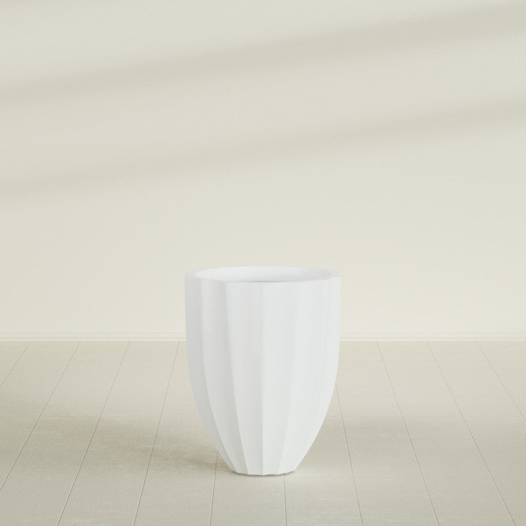 Alicante Fluted Planter in Matte Bright White, 22"D × 27"H, shown empty