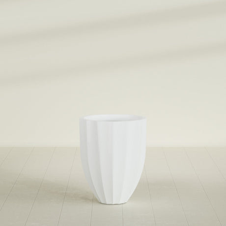Alicante Fluted Planter in Matte Bright White, 22"D × 27"H, shown empty