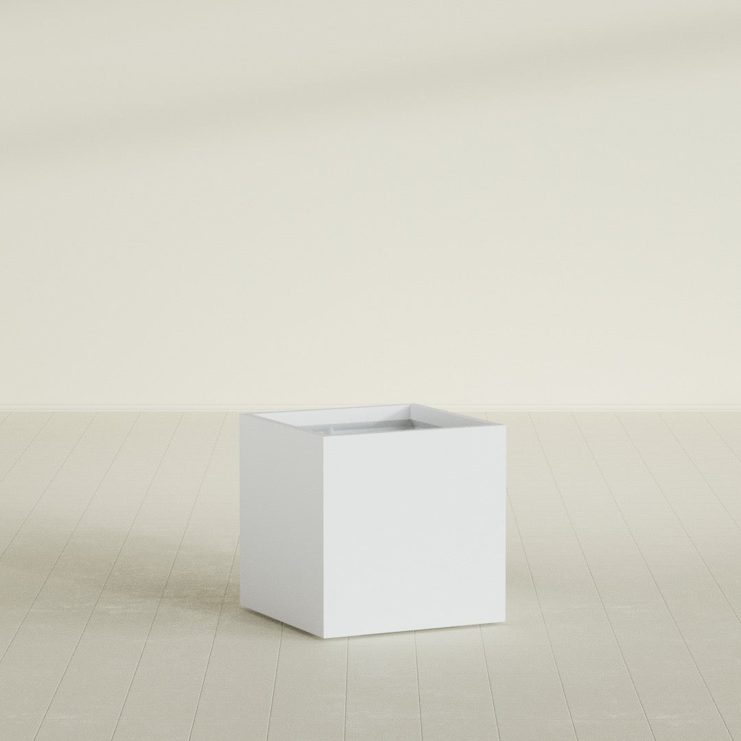Montroy Cube Planter in Gloss Bright White, 28", shown empty