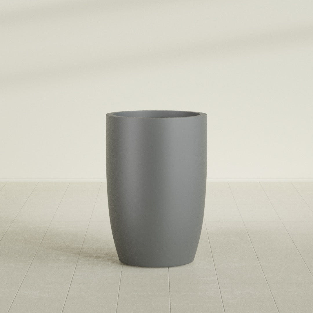 Lisbon tall round tapered fiberglass planter in Matte Gunmetal, 24 in diameter, 36 in high, shown empty