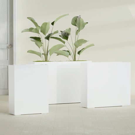 Amesbury Narrow Rectangular fiberglass planter in Gloss Bright White, size range, in a sunlit interior