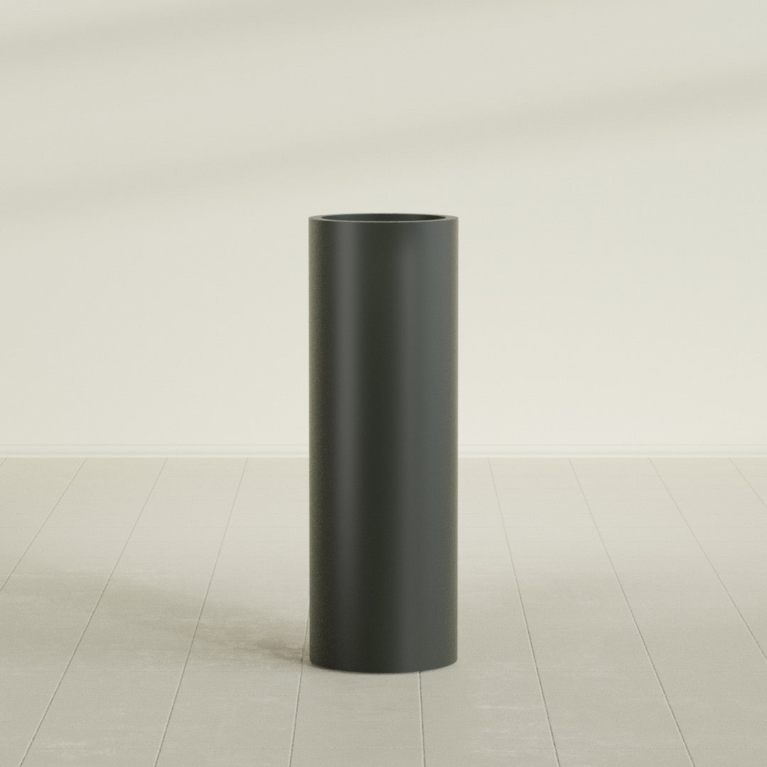 Corry Cylinder Planter in Matte Charcoal, 12"D × 36"H, shown empty