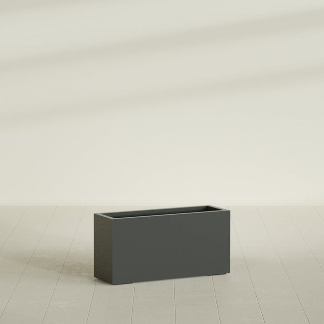 Hollywood Narrow Rectangular Planter in Matte Charcoal, 36"L × 12"D × 24"H, shown empty