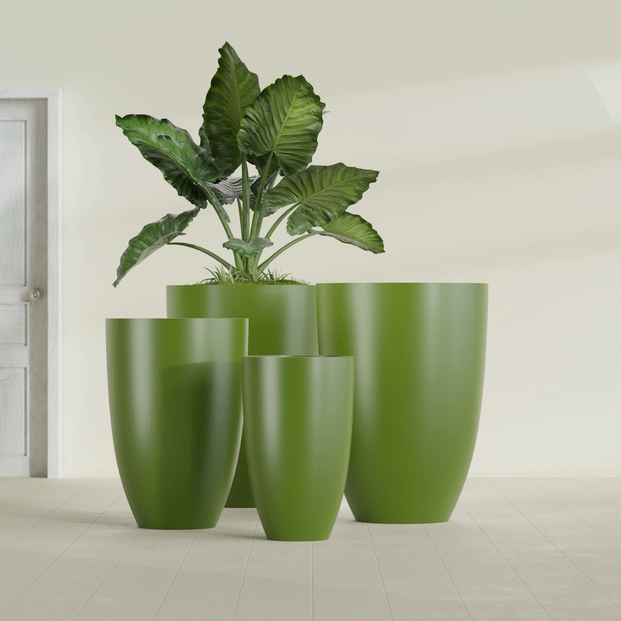 Brannan Tapered Round fiberglass planter in Satin Green, size range, in a sunlit interior