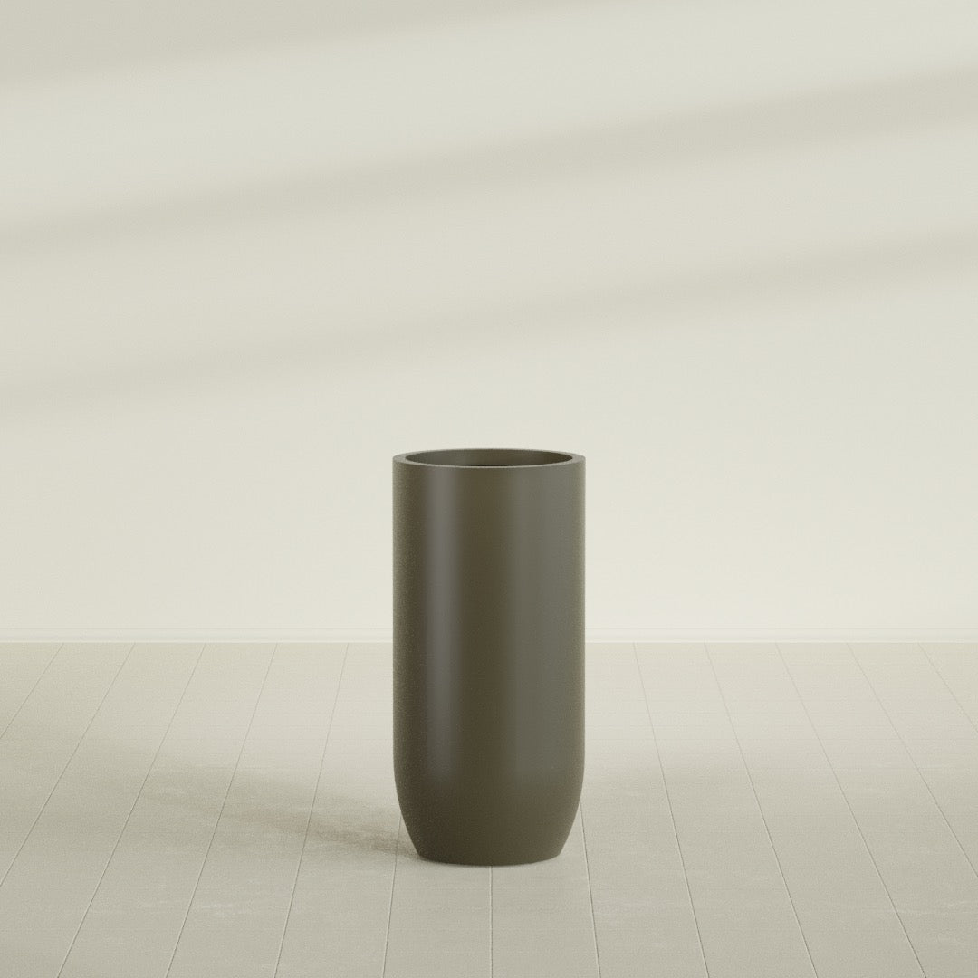 Saint Tropez Bullet Round Planter in Matte Bronze, 24"D × 50"H, shown empty