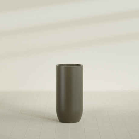Saint Tropez Bullet Round Planter in Matte Bronze, 24"D × 50"H, shown empty