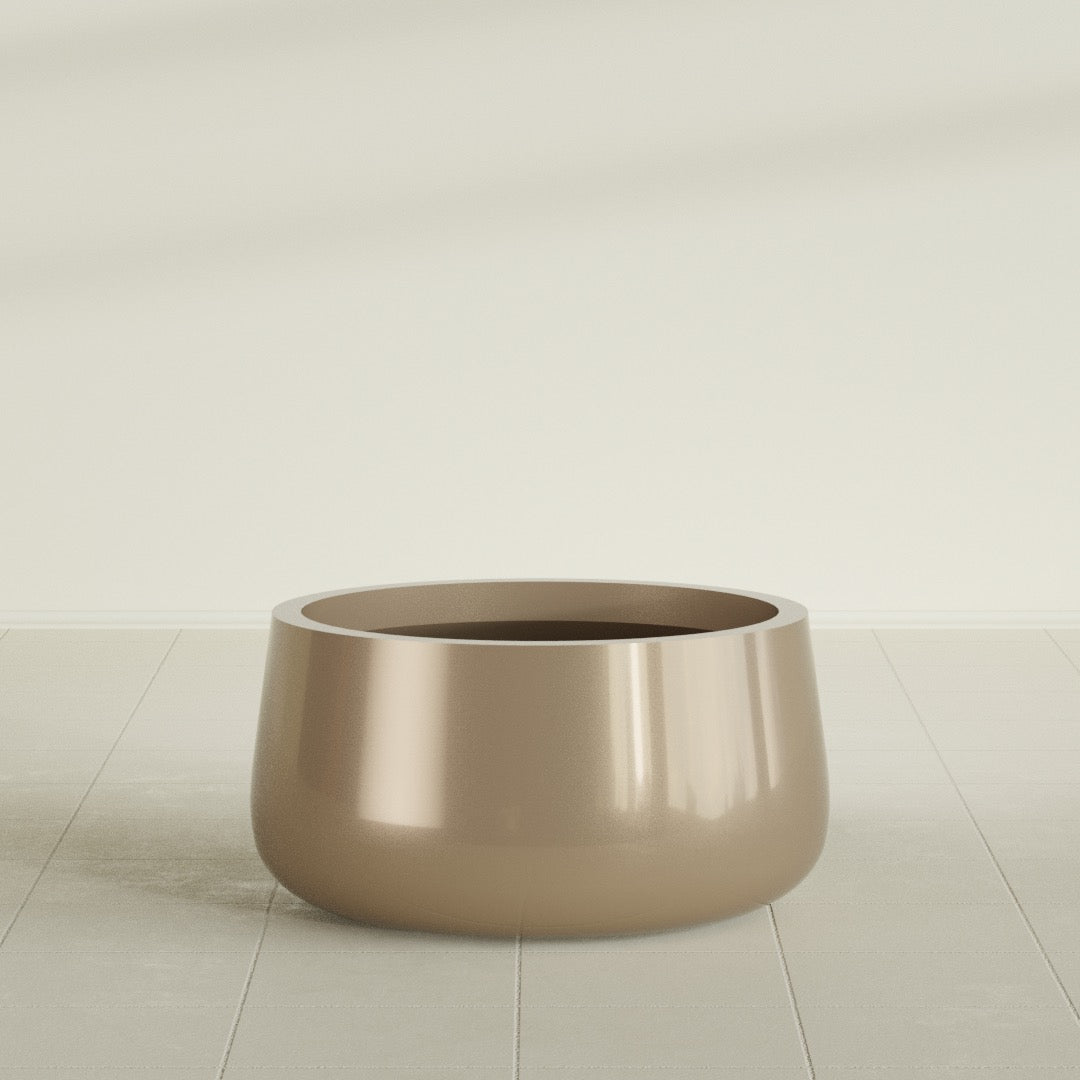 Short Hayden Bowl Planter in Gloss Metallic Gold, 20"D × 10"H, shown empty