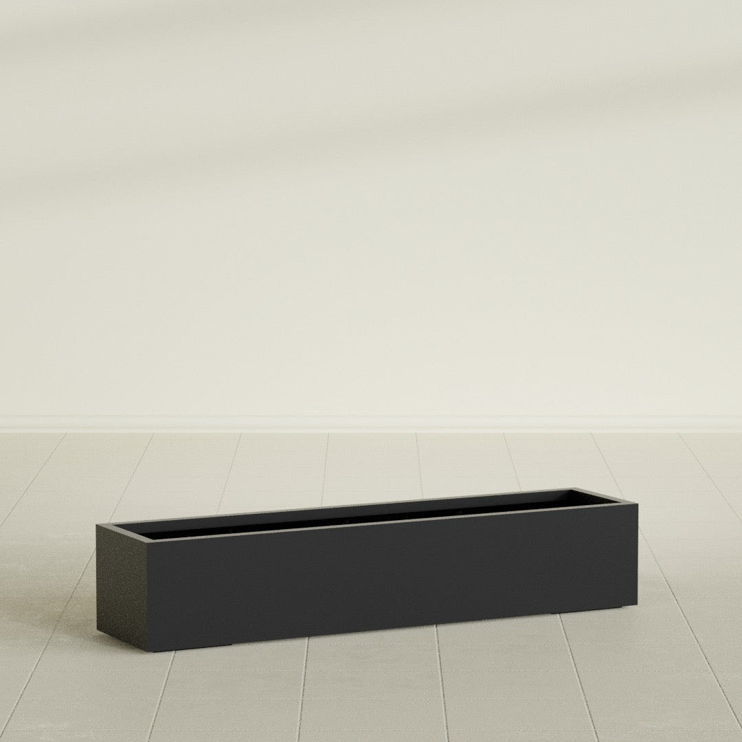 Cuba Low Rectangular Planter in Matte Black, 60"L × 14"D × 12"H, shown empty