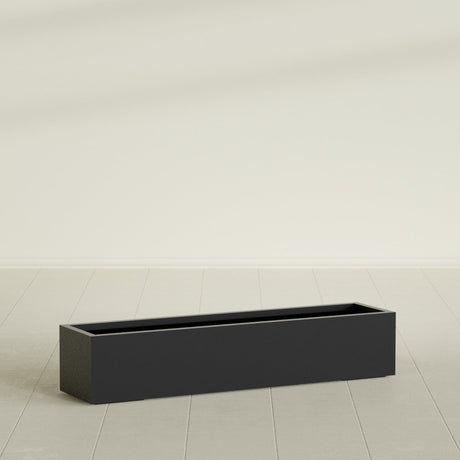 Cuba Low Rectangular Planter in Matte Black, 60"L × 14"D × 12"H, shown empty
