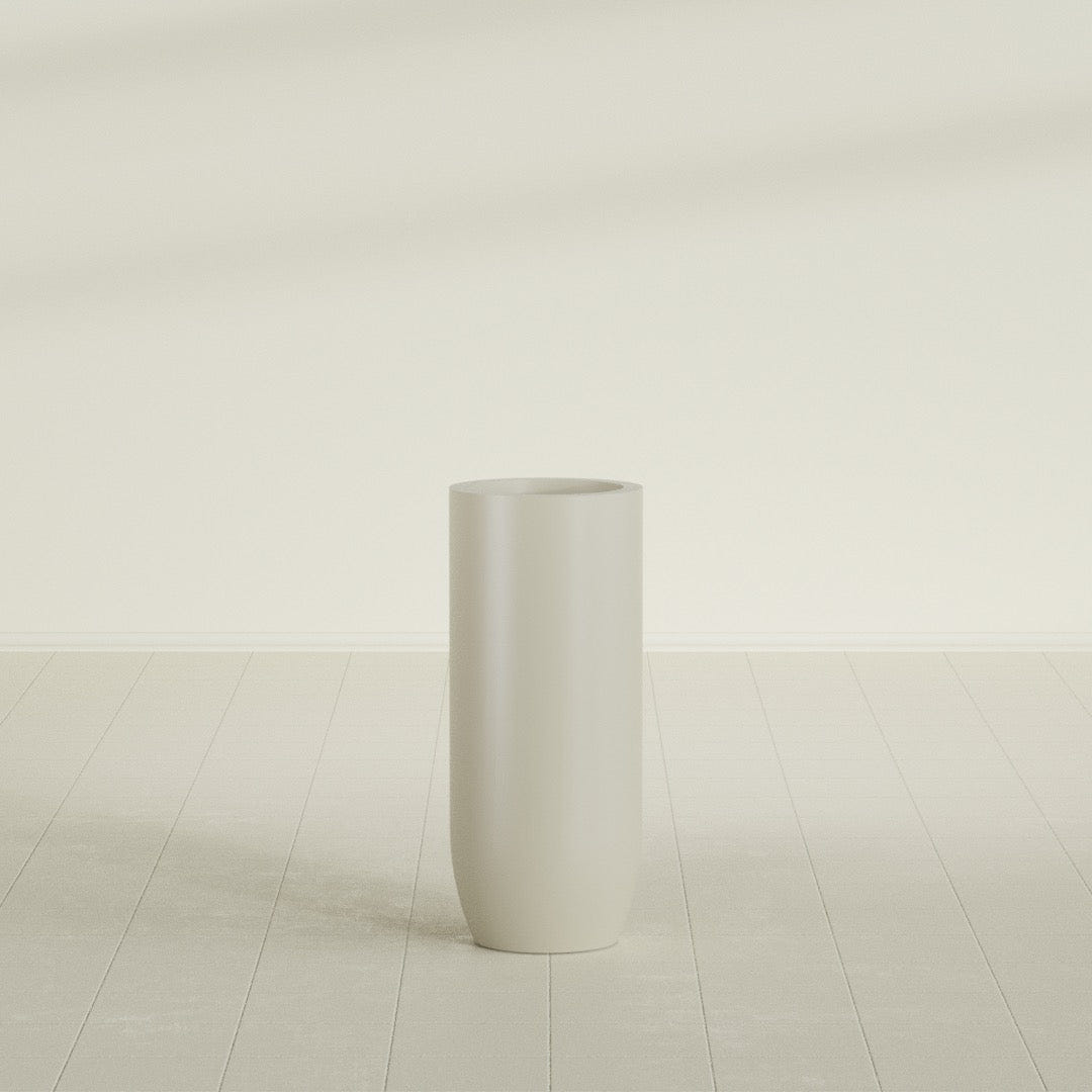 Saint Tropez Bullet Round Planter in Satin Beige, 16"D × 38"H, shown empty