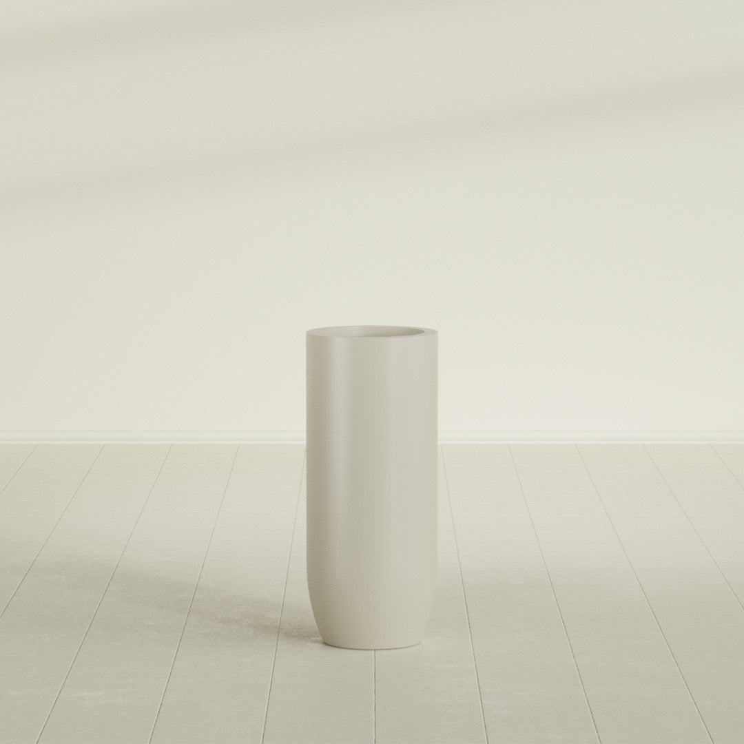 Saint Tropez Bullet Round Planter in Satin Beige, 16"D × 38"H, shown empty
