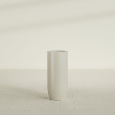 Saint Tropez Bullet Round Planter in Satin Beige, 16"D × 38"H, shown empty